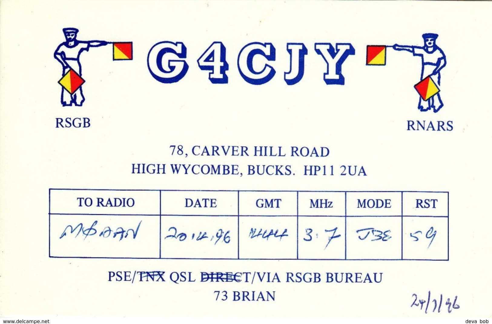 Amateur Radio QSL Card G4CJY Carver Hill Rd High Wycombe Bucks 1996 Flag Signal - Radio Amateur