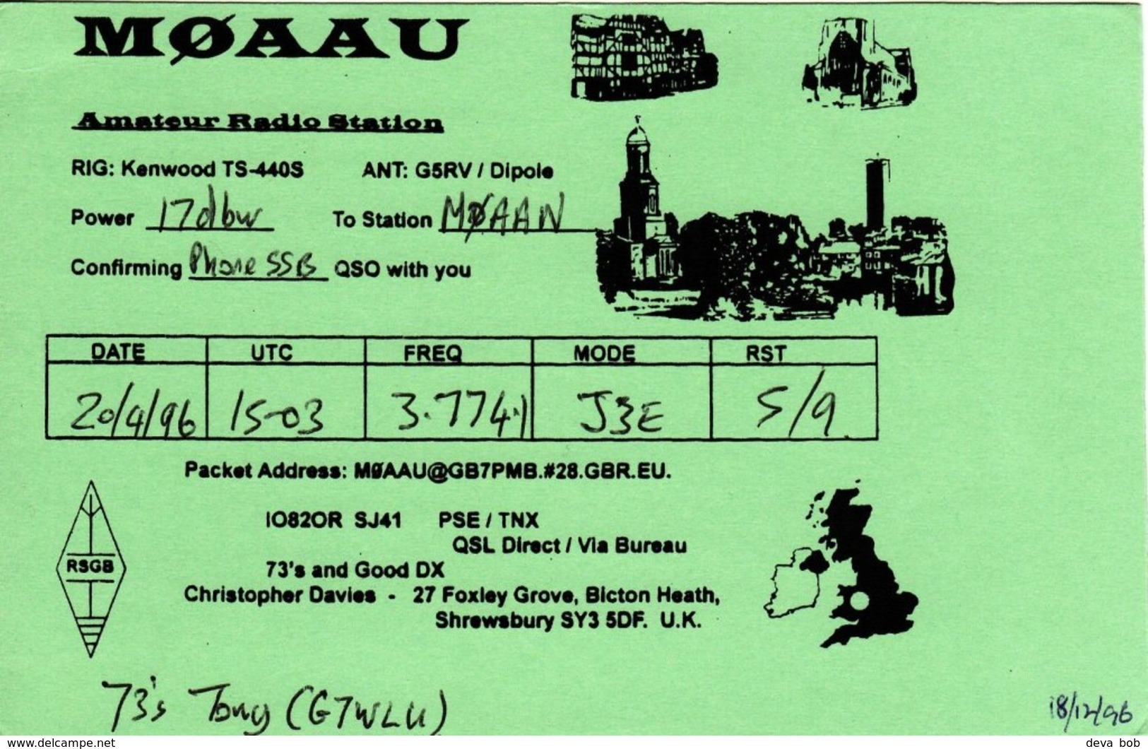 Amateur Radio QSL Card M0AAU Davies Bicton Heath Shrewsbury 1996 MØAAU - Radio Amatoriale