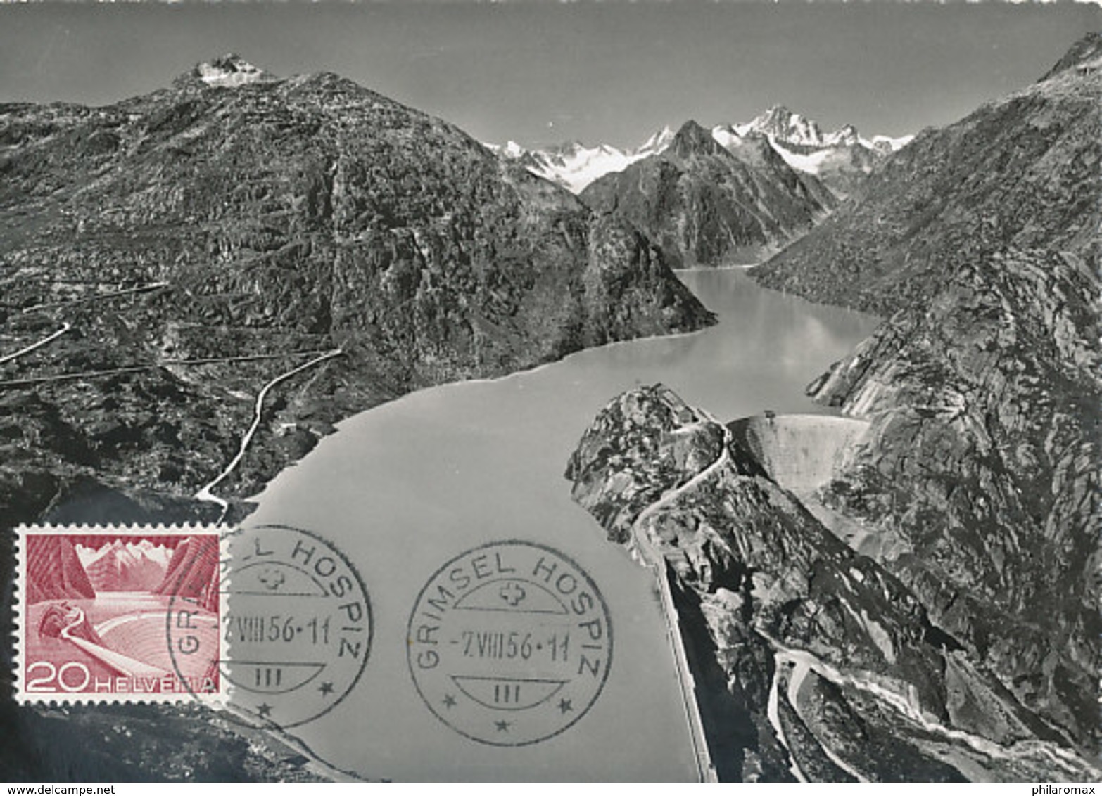 D34838 CARTE MAXIMUM CARD 1956 SWITZERLAND - ALPS MOUNTAINS GRIMSELSEE DAM GRIMSEL HOSPIZ BARRAGE CP ORIGINAL - Autres & Non Classés