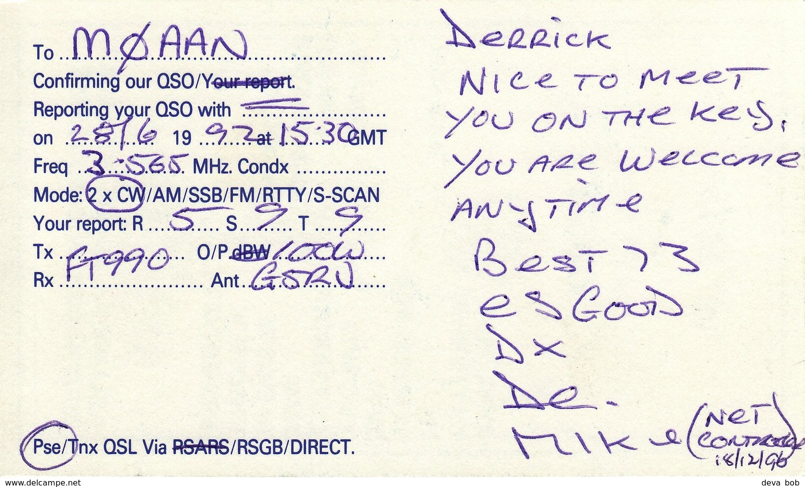 Amateur Radio QSL Card G0SWY Royal Signals Soc Southampton 1996 GØSWY Mercury - Radio Amateur