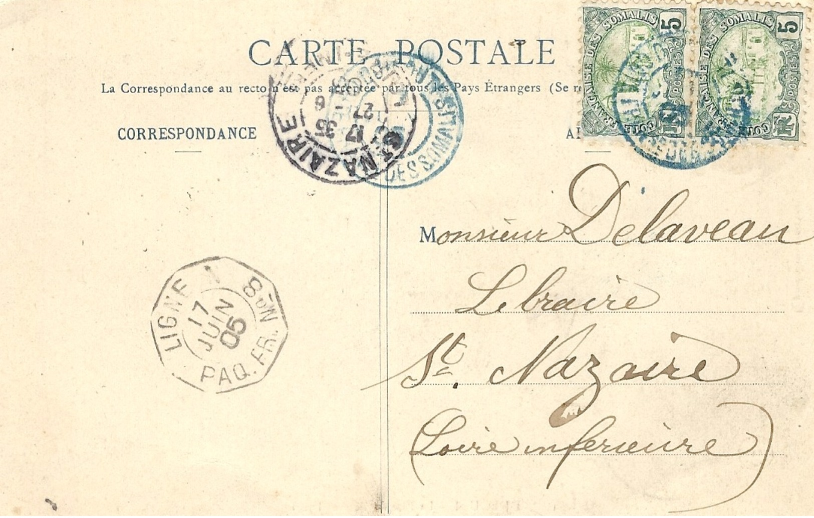 1905-  C P A De Djibouti ( La Rue De Bender-Djedid )  Avec Cad  Octogénaire.  LIGNE N / PAQ.FR.N°8 - Lettres & Documents