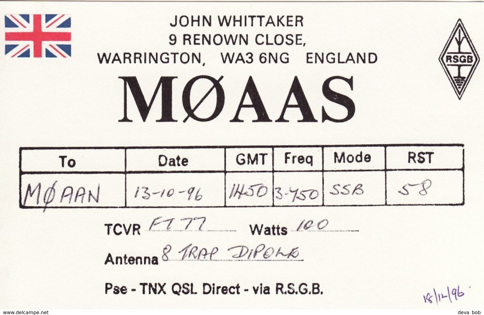 Amateur Radio QSL Card M0AAS Whittaker Warrington 1996 MØAAS Union Flag - Radio Amateur