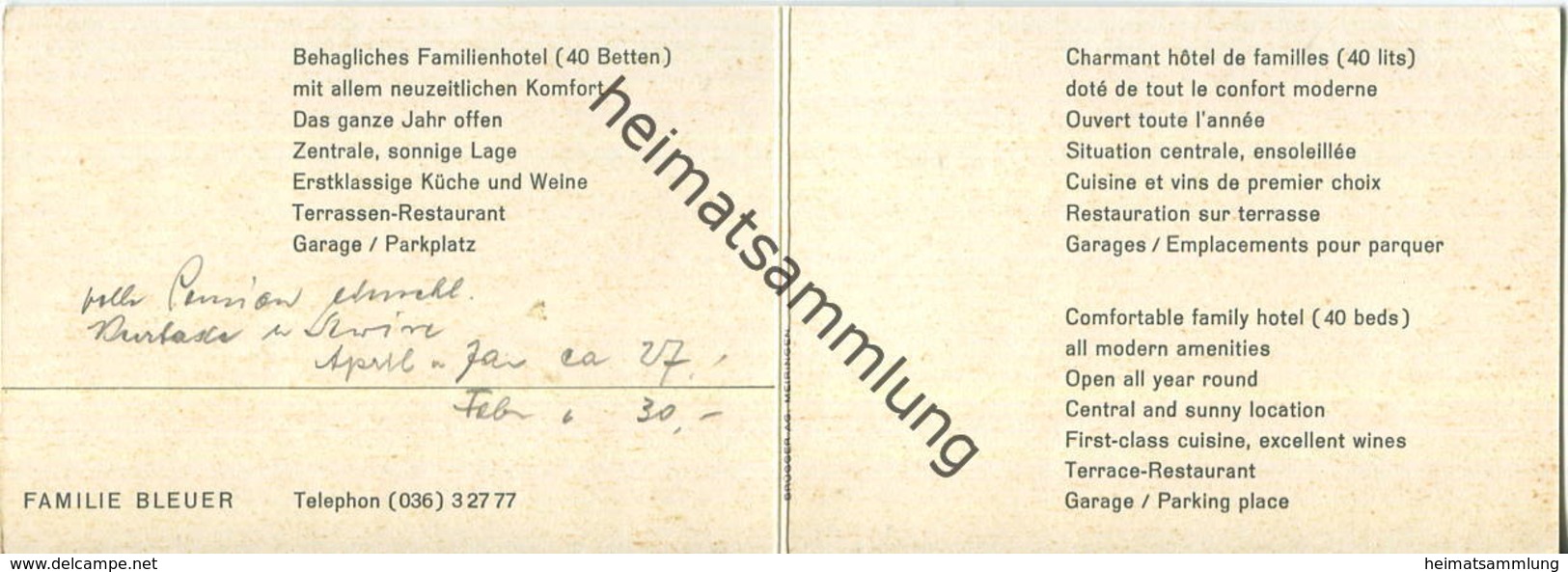 Schweiz - Grindelwald - Hotel-Restaurant Hirschen 50er Jahre - Faltkarte Visitenkartengröße - Reiseprospekte