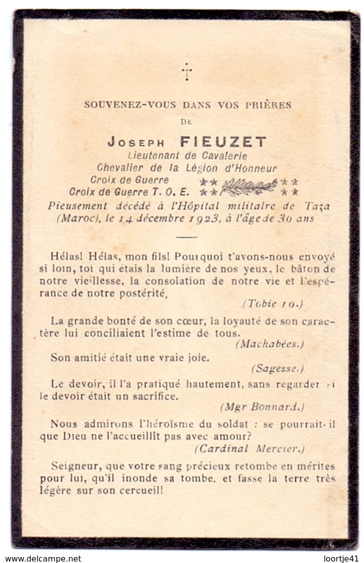 Devotie - Devotion - Doodsprentje  Image Mortuaire Militaire Lieutenant Joseph Fieuzet - Hopital Taza Maroc 1923 - Décès
