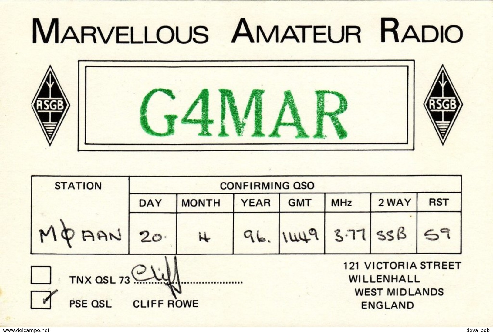 QSL Card G4MAR Marvellous Amateur Radio Rowe Willenhall 1996 - Radio Amatoriale