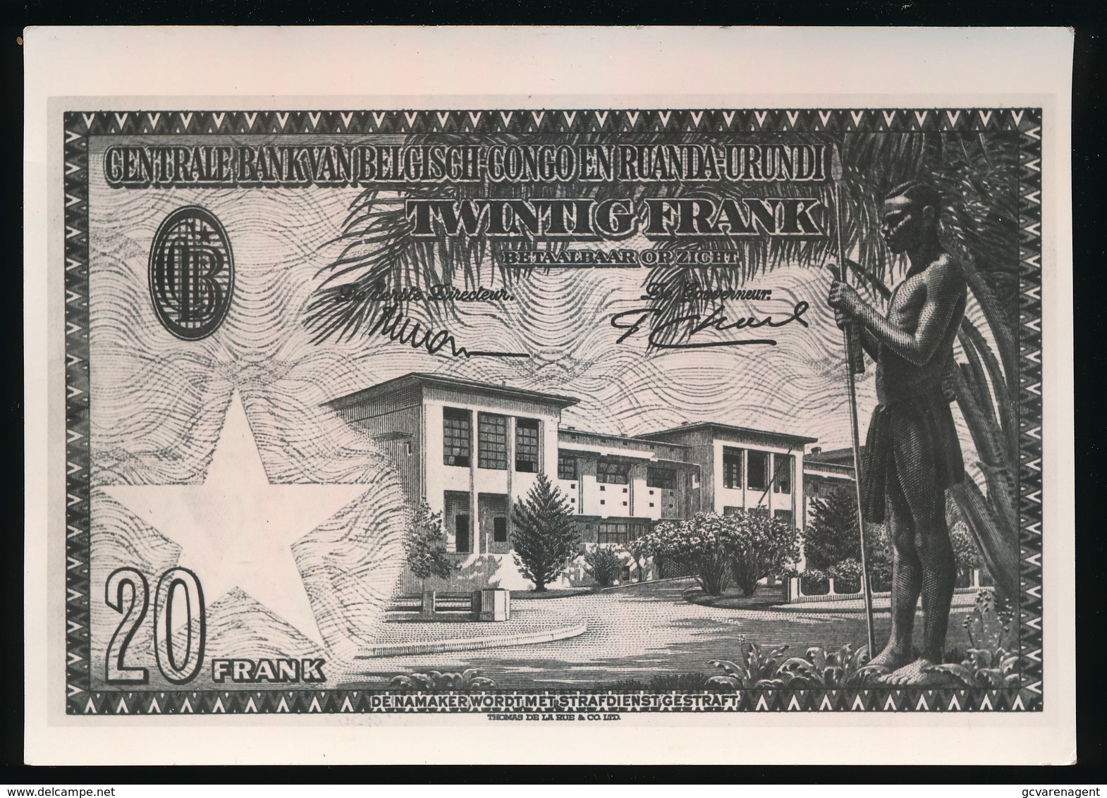 FOTOKAART GENERALE BANK VAN BELGISCH CONGO EN RUANDA URUNDI  TWINTIG FRANK - Monnaies (représentations)