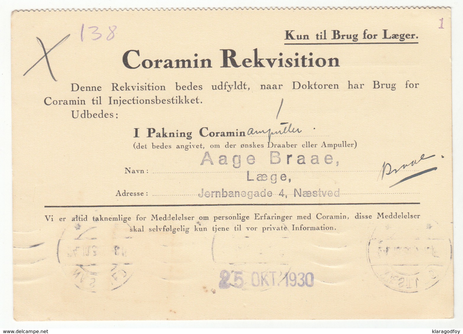 Denmark 1930 Pharmacy Brevkort Bestillingskort Coramin Rekvisition B180901 - Postal Stationery