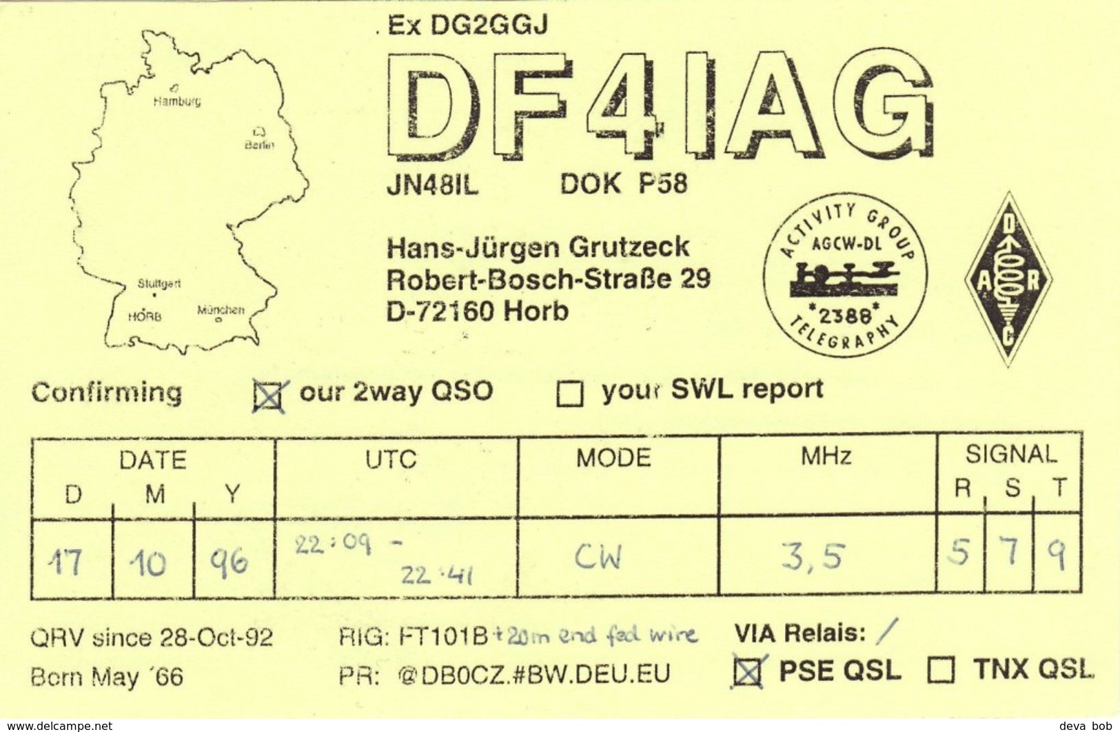 German Amateur Radio QSL Card DF4IAG Horb Germany Grutzeck 1996 - Radio Amateur