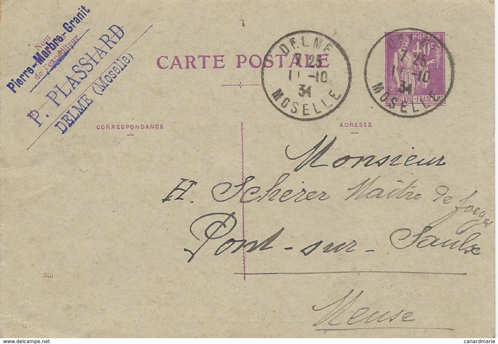 MOSELLE ENTIER POSTAL A 40 CT TYPE PAIX AVEC CACHET DE DELME - Covers & Documents