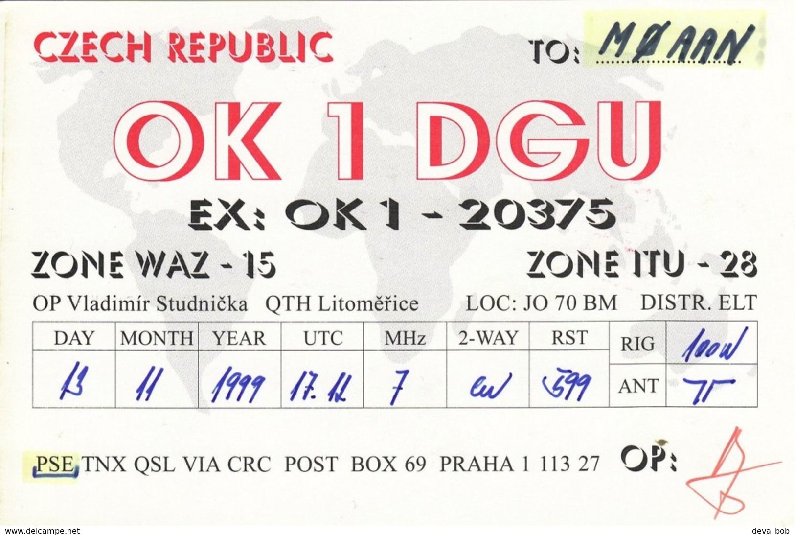 Czech Amateur Radio QSL Card OK1DGU Prague 1999 Studnicka Praha - Radio Amateur