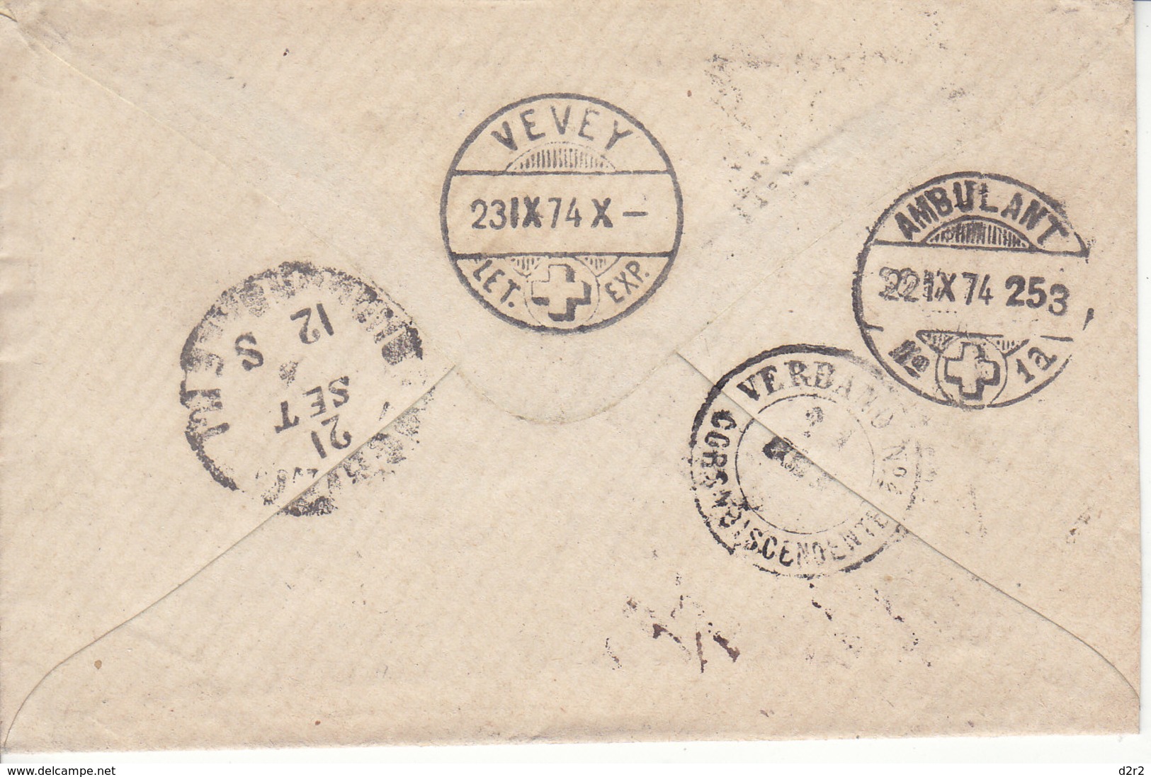 LETTRE DE 1874 POUR LA SUISSE - VEVEY - DIVERS CACHETS AU DOS - Used