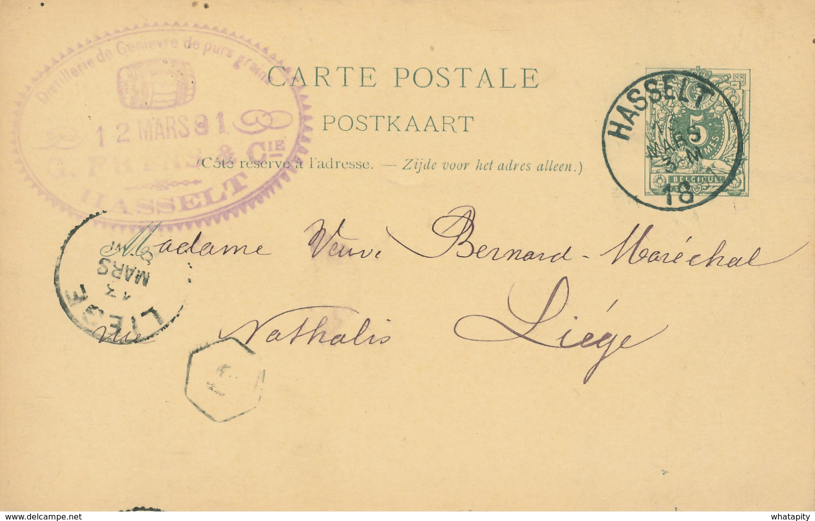 Entier Postal Lion Couché HASSELT 1890 - Cachet Privé ILLUSTRE Distillerie De Genièvre Fryns  --  B4/846B - Cartes Postales 1871-1909