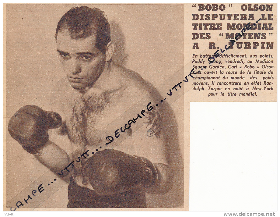 DOCUMENT, BOXE, CARL BOBO OLSON FACE A RANDOLPH TURPIN, CHAMPIONNAT DU MONDE DES POIDS MOYENS, COUPURE REVUE (1953) - Collections