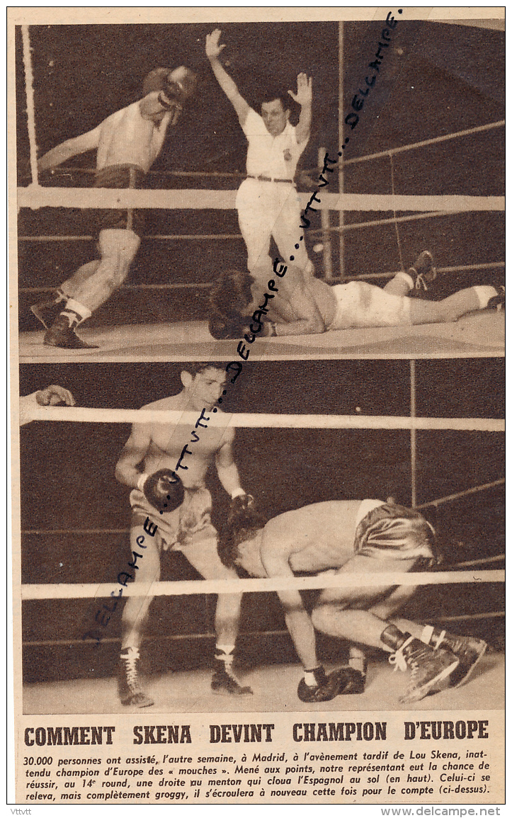 DOCUMENT, BOXE, LOU SKENA - YOUNG MARTIN, MADRID, CHAMPIONNAT D'EUROPE DES POIDS MOUCHES, COUPURE REVUE (1953) - Collections