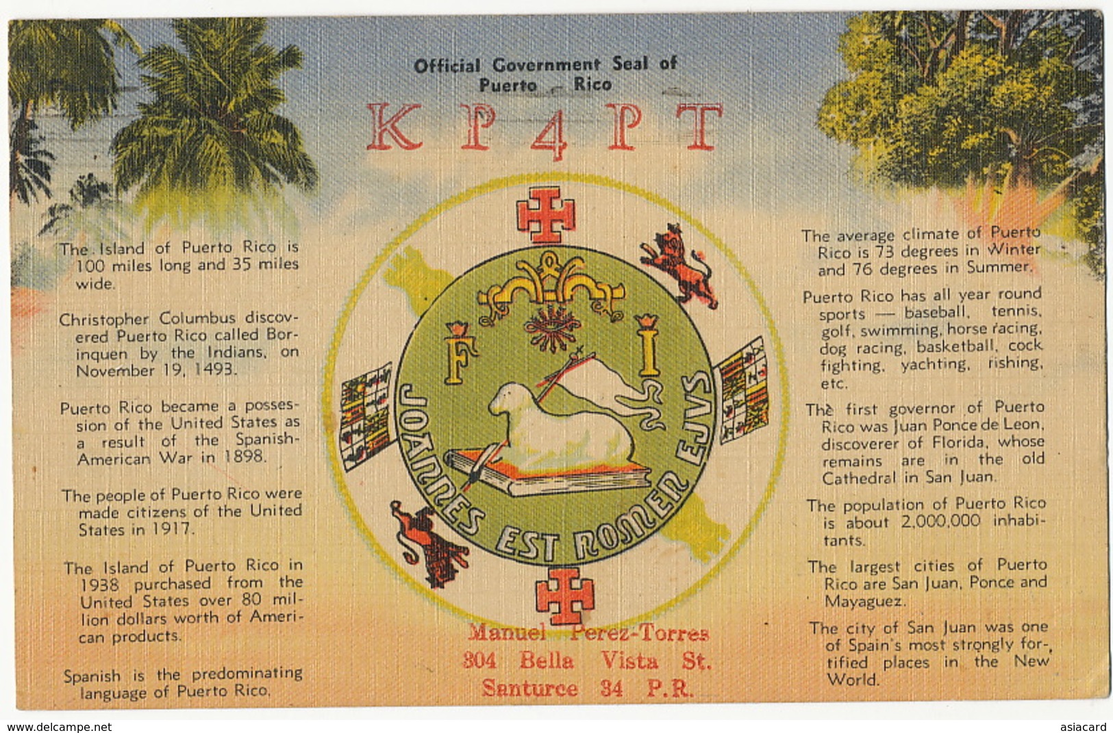 Official Government Seal QSL Card Used From San Juan  To Central Washington Las Villas Cuba - Puerto Rico