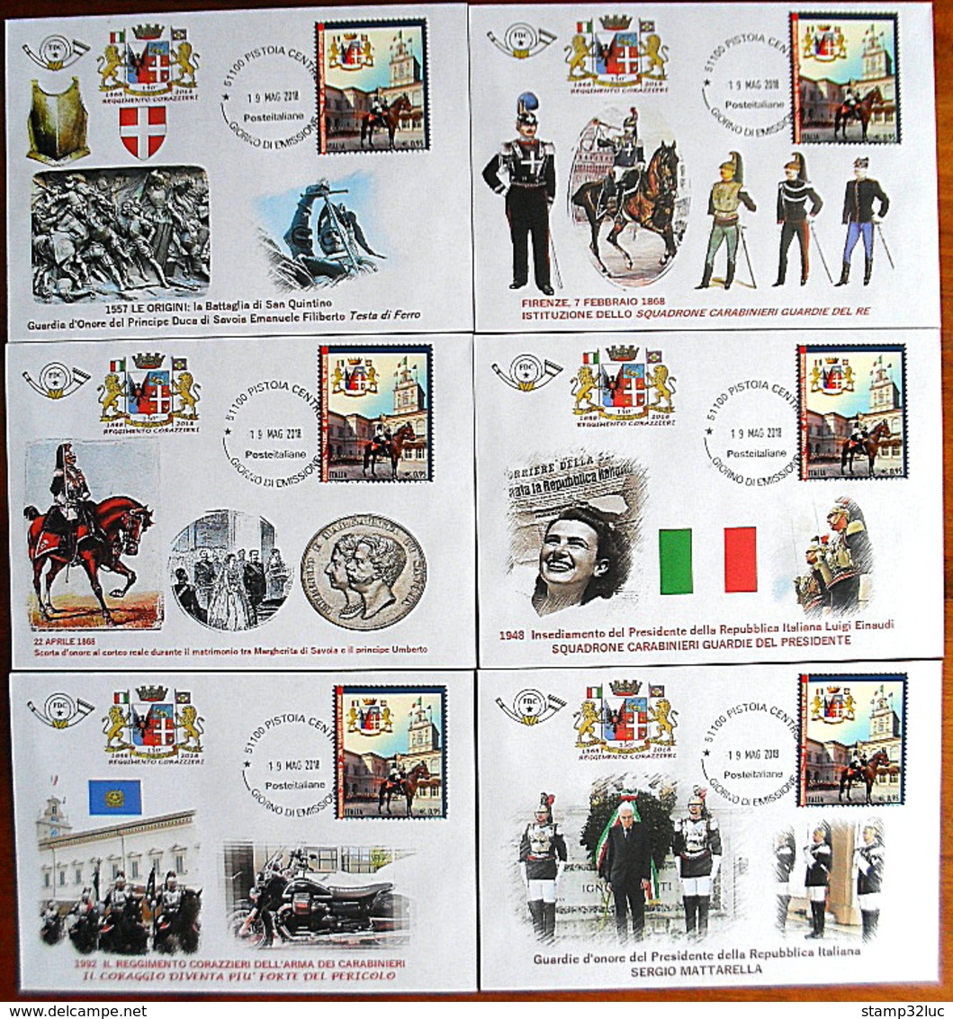 ITALIA ITALY 2018 FDC CORAZZIERI CARABINIERI Cuirassiers 6 Buste UNIQUE SET PEZZI UNICI - FDC