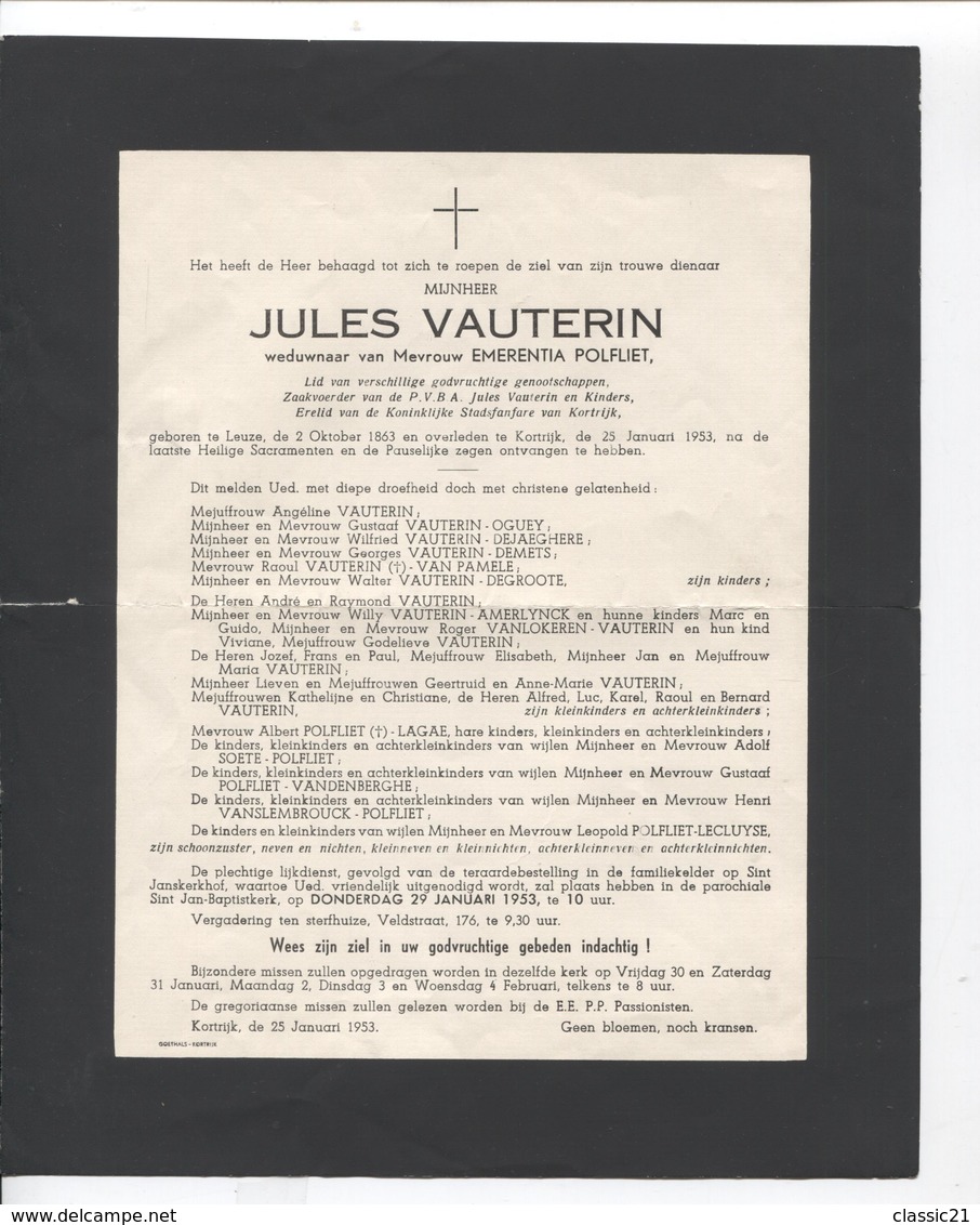 FP5/ Kortrijk-Courtrai Mijnheer Jules Vauterin Weduwnaar Van Mevrouw Emerentia Polfliet 1953 - Avvisi Di Necrologio