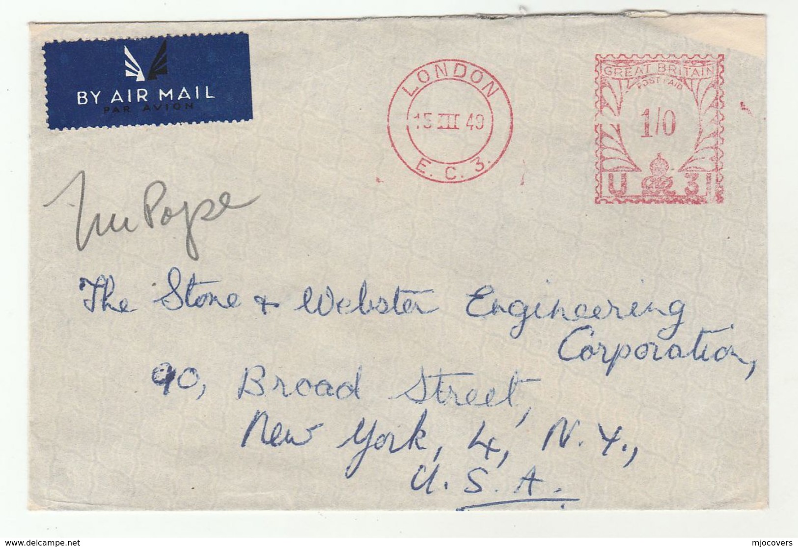 1949 Air Mail  GB COVER  METER Stamps  1/0 U31 London EC3 To USA Airmail Label - Covers & Documents