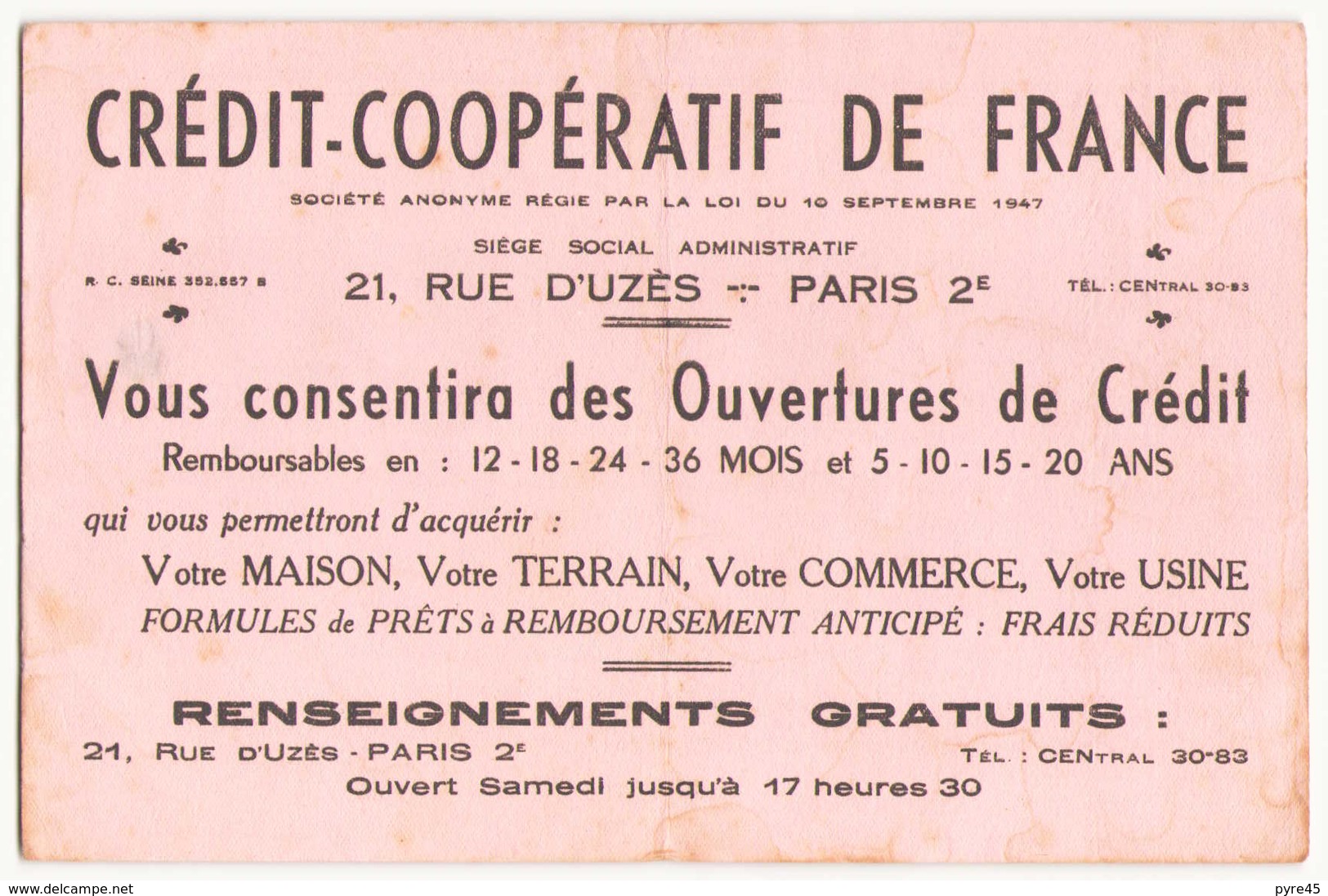 Buvard  ( 22 X 14 Cm ) Crédit Coopératif De France Paris ( Pliures, Taches, Auréoles ) - Bank & Insurance