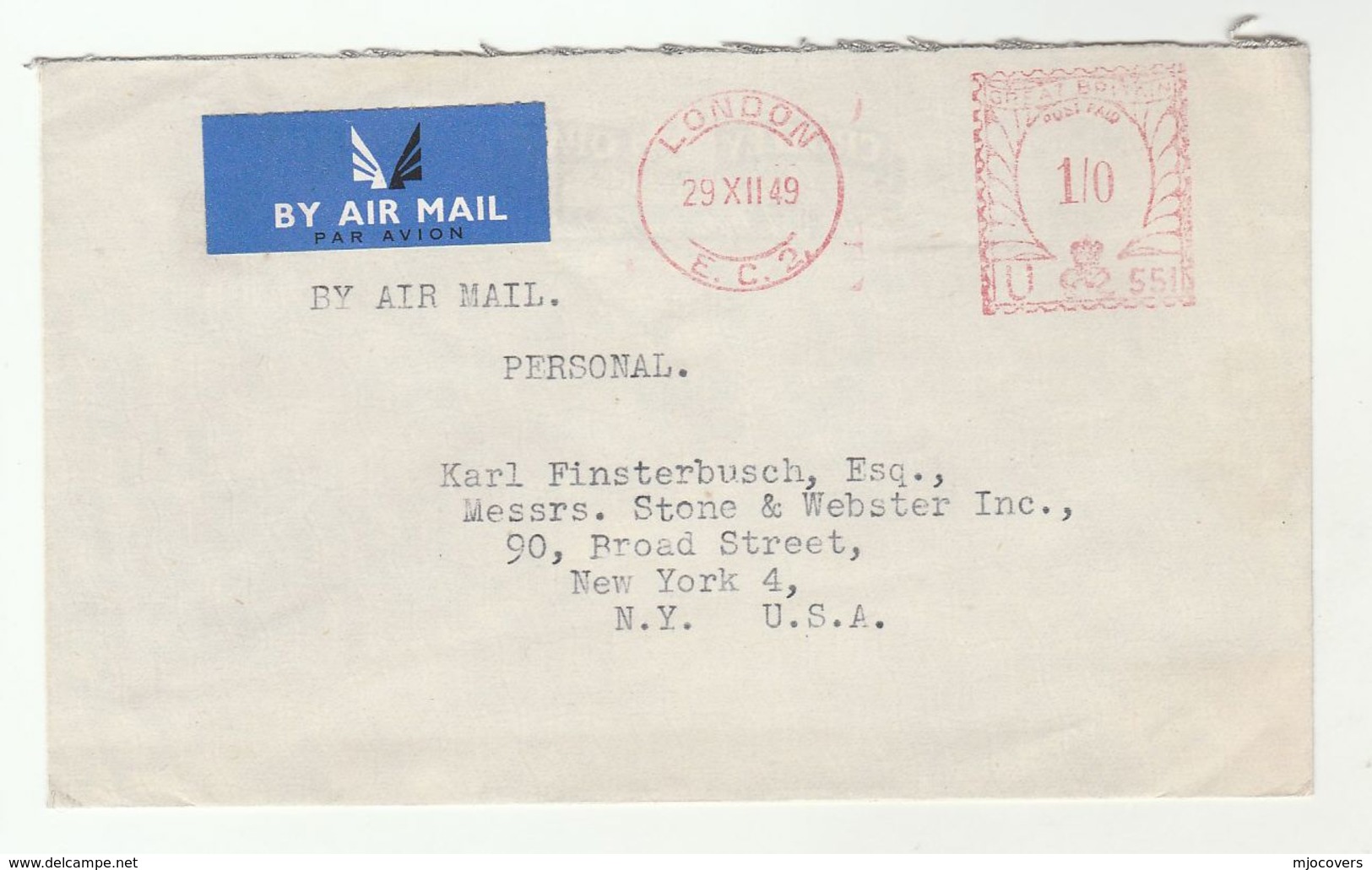 1949 Air Mail  GB COVER  METER Stamps  1/0 U551 London EC3 To USA Airmail Label - Covers & Documents