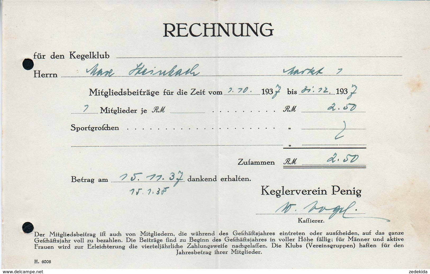 B6486 - Penig - Rechnung Quittung - Kegelverein Max Steinbach - 1900 – 1949