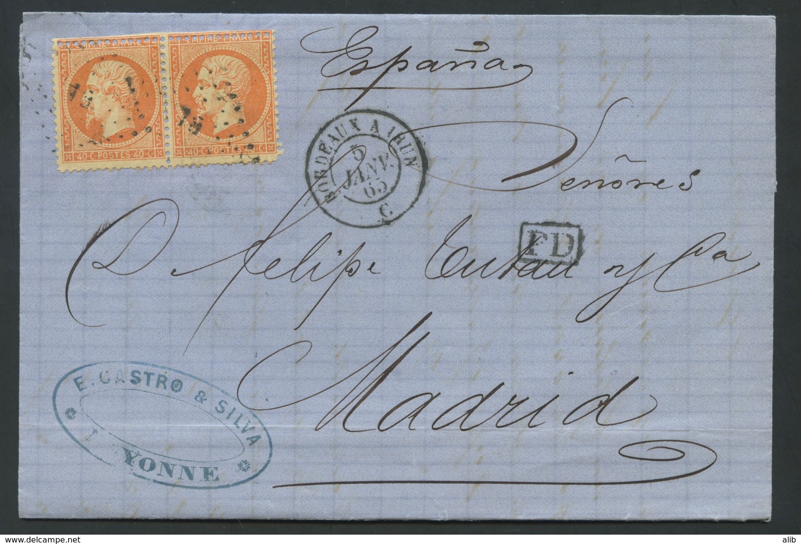 Lettre France 1862 Emission Empire Napoléon III Dentelé 40c Orange Pair No23. Bordeaux à Irun-BI Ambulant Baton-à Madrid - 1862 Napoléon III