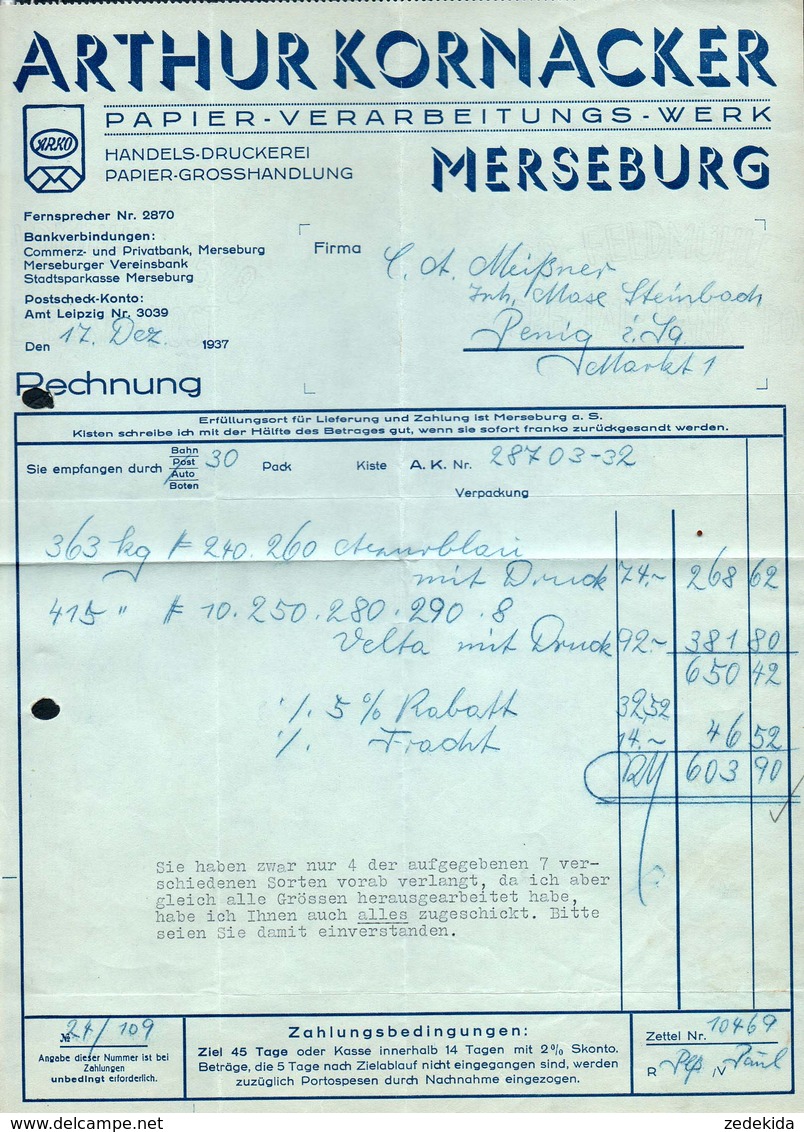 B6492 - Merseburg - Rechnung Quittung - Arthur Kornacker - Papier Verarbeitung - 1900 – 1949