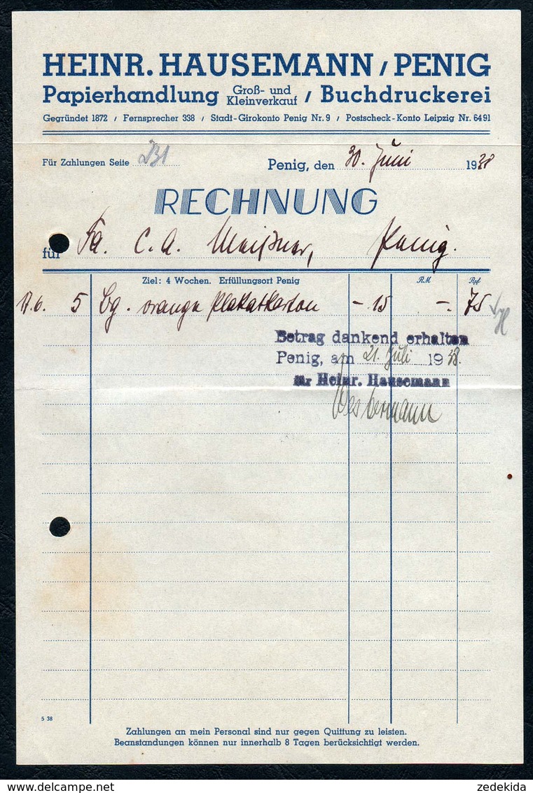 B6493 - Penig - Rechnung Quittung - Heinrich Hausemann Papier Druckerei - 1900 – 1949