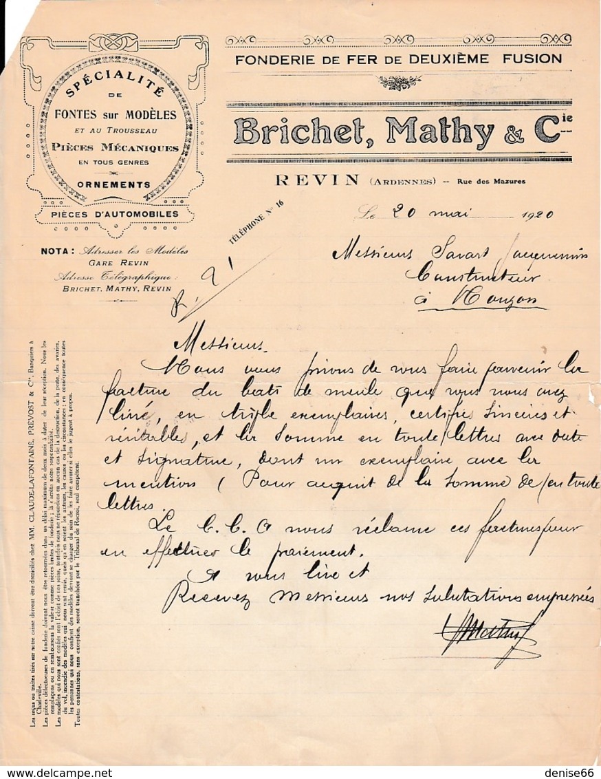 1920 - REVIN (08) - Fonderie De Fer - BRICHET, MATHY & Cie - Historical Documents