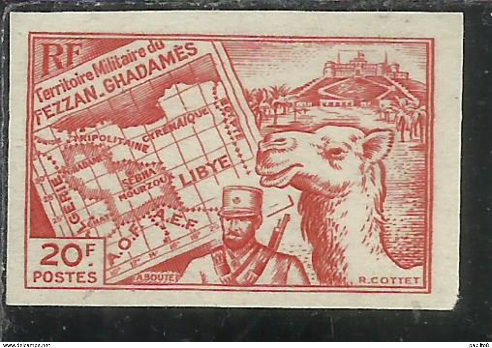 FEZZAN E GHADAMES 1946 TERRITORIO MILITARE CARTA MAP MEHARISTA MEHARIST IMPERF. NON DENTELLATO 20f MNH - Unused Stamps
