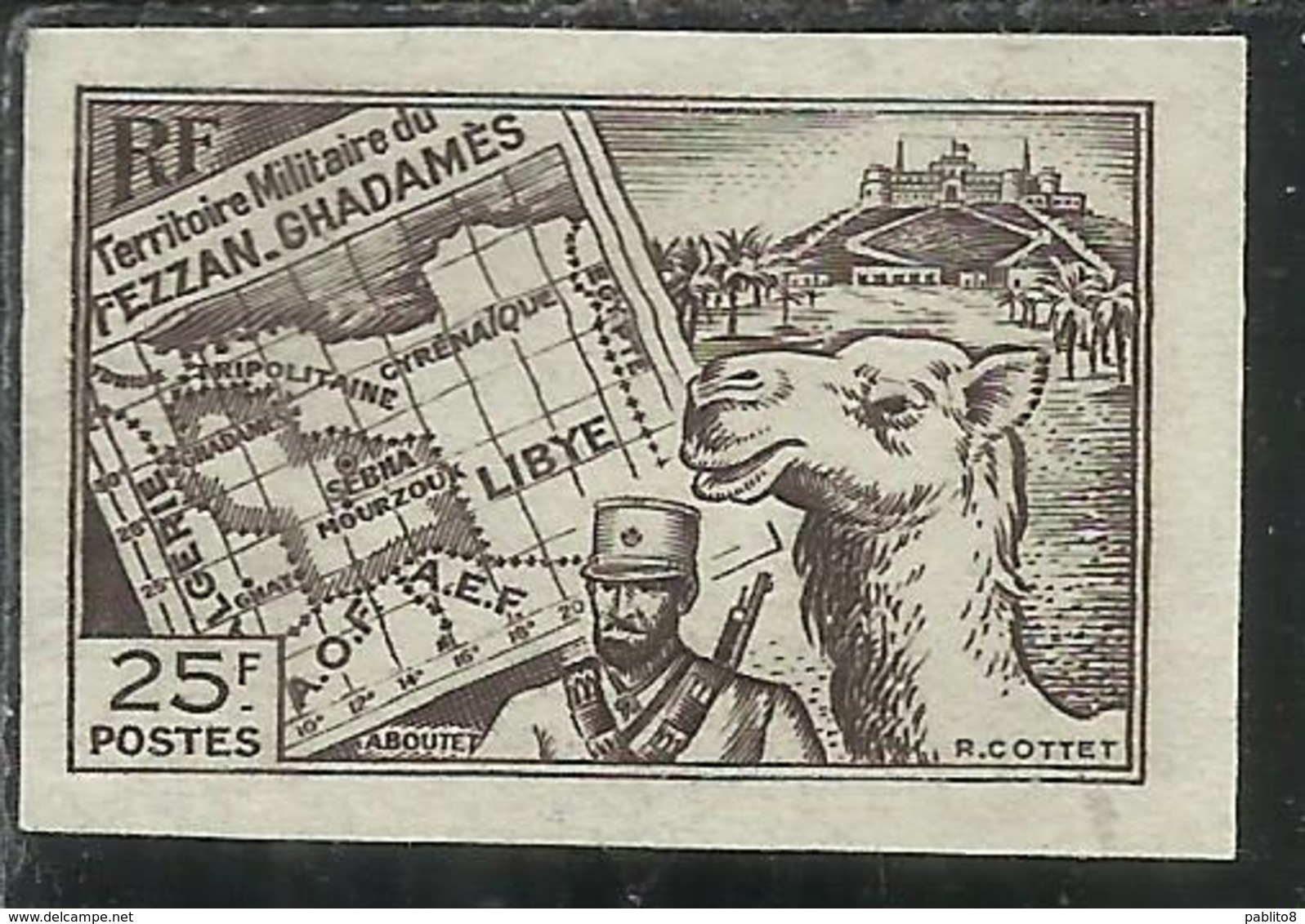 FEZZAN E GHADAMES 1946 TERRITORIO MILITARE CARTA MAP MEHARISTA MEHARIST IMPERF. NON DENTELLATO 25f MNH - Neufs