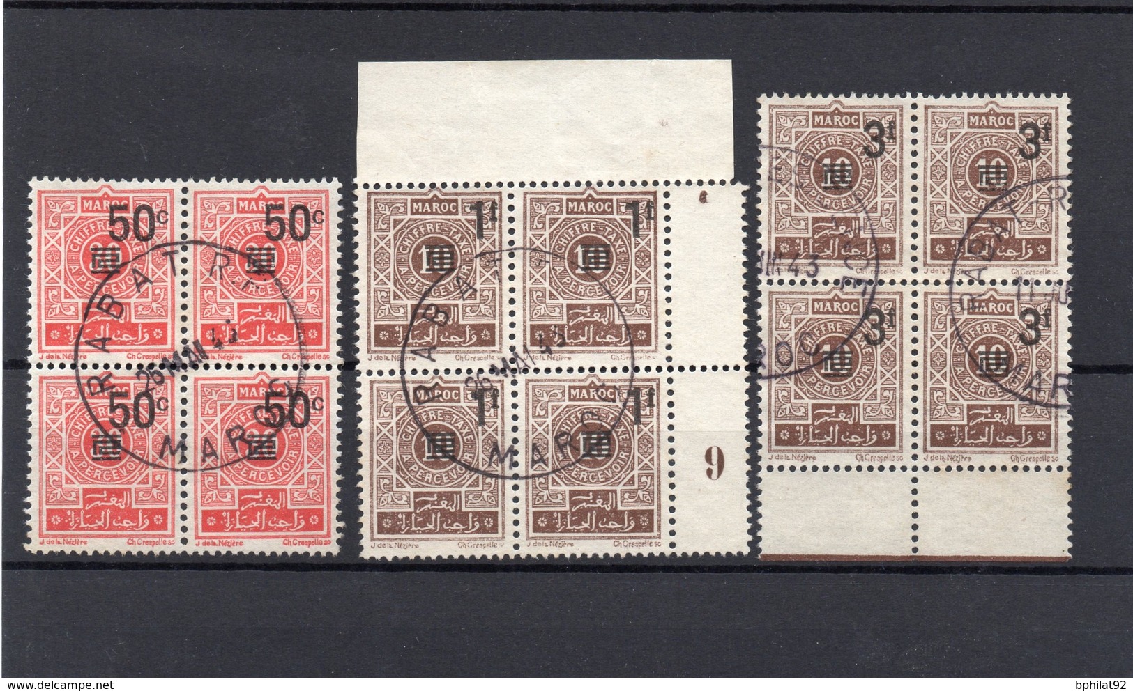 !!! PRIX FIXE : MAROC, SERIE DE TAXES N°46/48 EN BLOCS DE 4 OBLITERES - Timbres-taxe