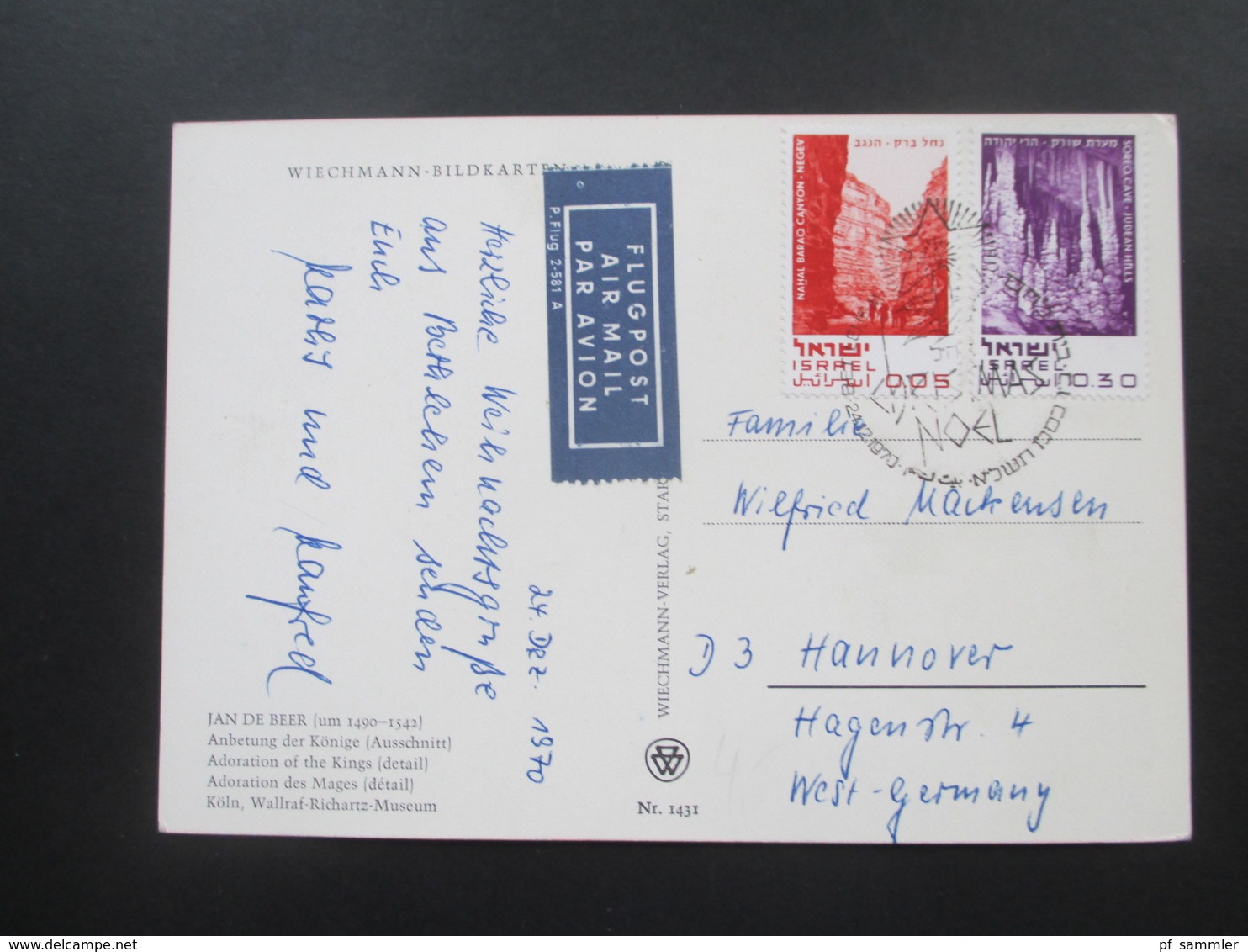 Israel 24.12.1970 Künstlerkarte Jan De Beer.Weihnachten / Noel Sonderstempel Flugpost Air Mail P. Flug 2-581 A - Brieven En Documenten