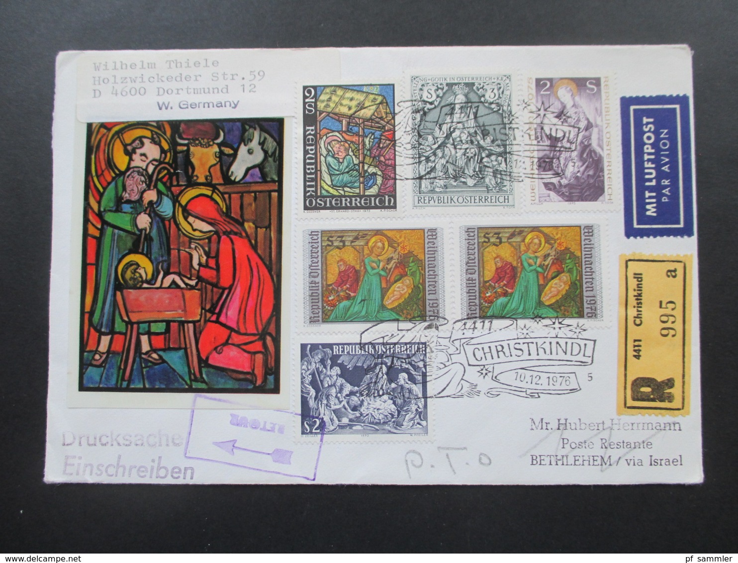 Österreich 1976 Christkindl Einschreiben / Luftpost Nach Bethlehem Via Israel. Poste Restante. Retour Mit Israel Marken! - Brieven En Documenten