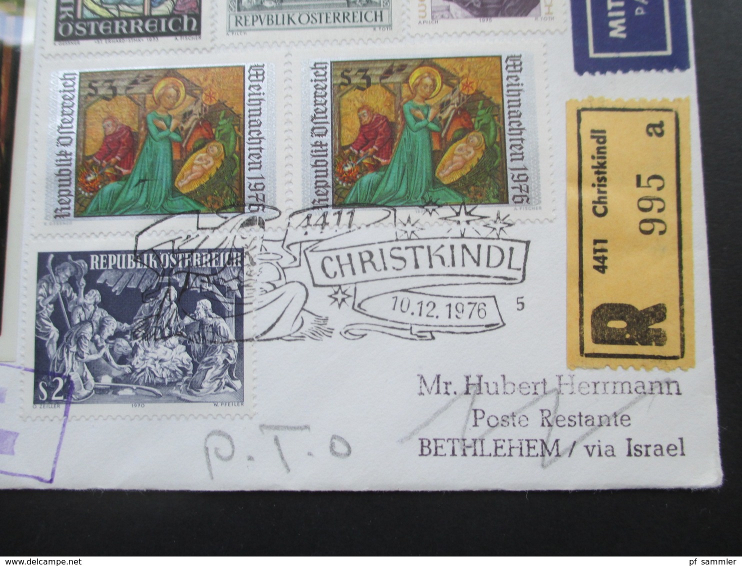 Österreich 1976 Christkindl Einschreiben / Luftpost Nach Bethlehem Via Israel. Poste Restante. Retour Mit Israel Marken! - Brieven En Documenten