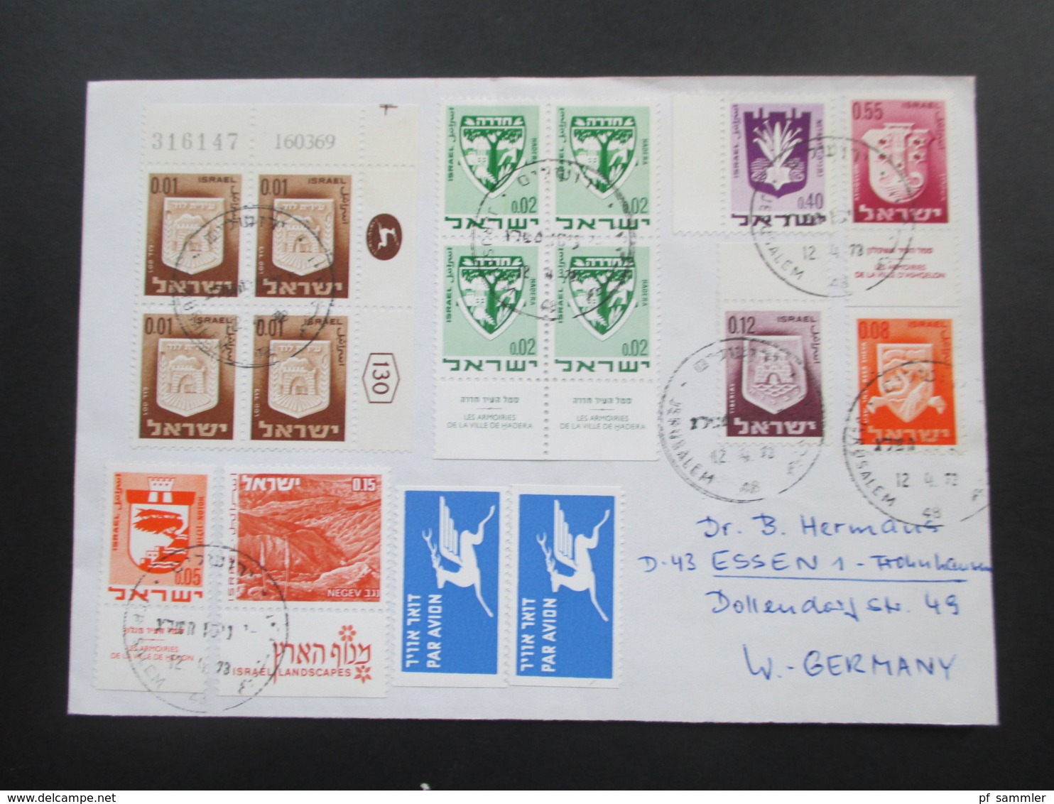 Israel 1973 Luftpostbrief Nach Essen Mit Vielen Marken! 1x Eckrand Und Etl. Unterrand Stücke! Randbedruckungen!! - Brieven En Documenten