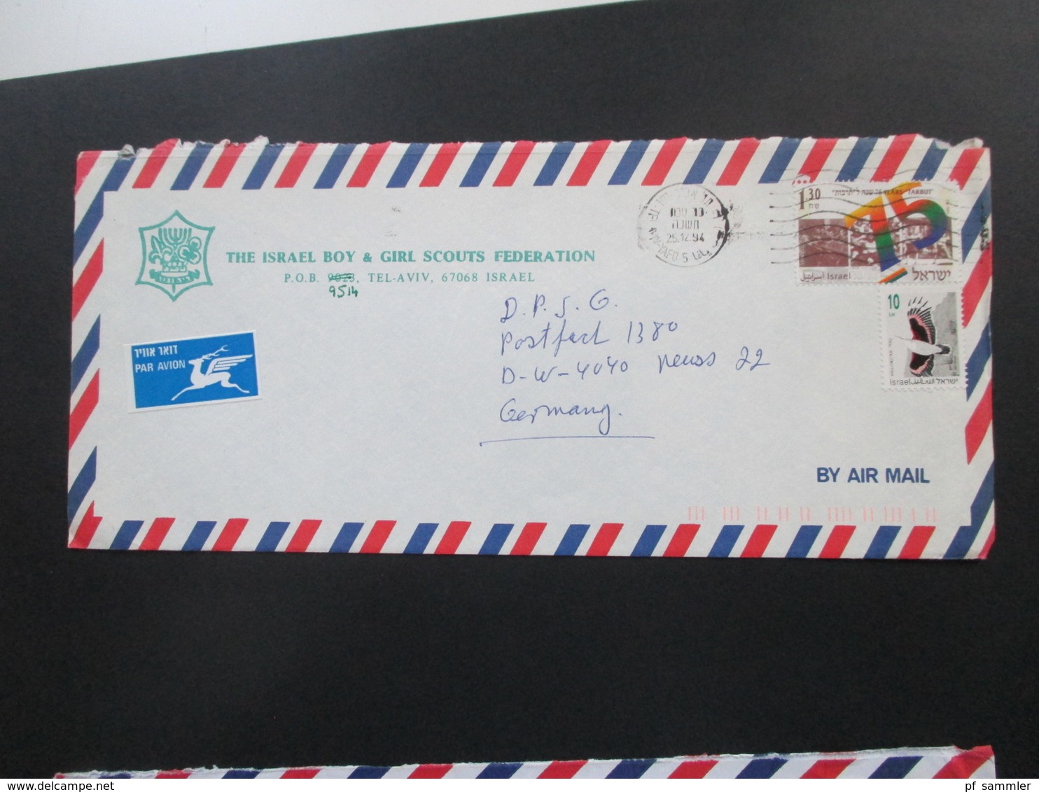 Pfadfinder The Israel Boy & Girl Scouts Federation P.O.B. 9514 Tel-Aviv Israel. 2 Luftpostbelege 1994 / 95 - Storia Postale