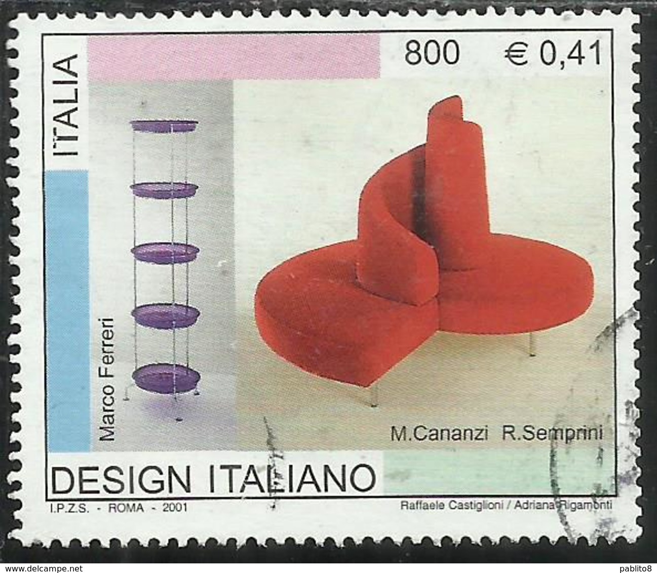 ITALIA REPUBBLICA ITALY REPUBLIC 2001 DESIGN ITALIANO FIORIERA VERNAZZA DIVANO TATLIN LIRE 800 USATO USED OBLITERE' - 1991-00: Usati