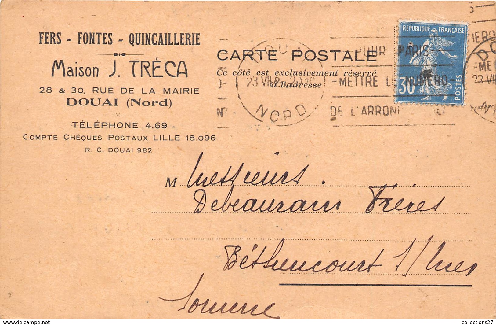 59-DOUAI-- CORRESPONDANCE FERS, FONTES , QUICAILLERIE- MAISON J. TRECA - Douai