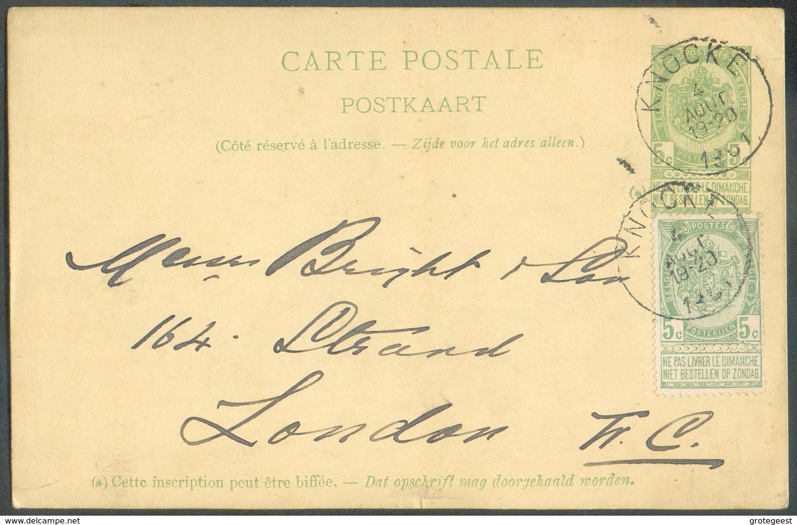 E.P. Carte 5c. + Tp N°56 Obl. Sc KNOKKE 4 Août 1907 Vers Londres (carte Expédiée De SLUIS (Pay-Bas) Et Acheminée Vers La - Postkarten 1871-1909