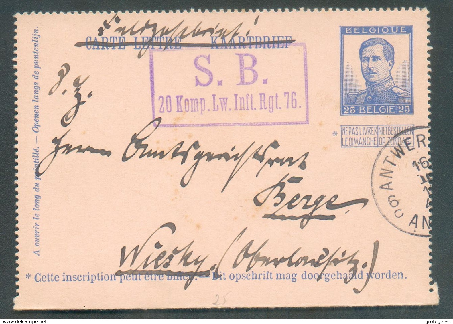 E.P. Carte-lettre 25c. Pellens Obl. Sc ANTWERPEN 6 Du 16-II-1915 En Feldpostbrief + Griffe Violette S.B. 20.Komp.Lw.Infl - Letter-Cards