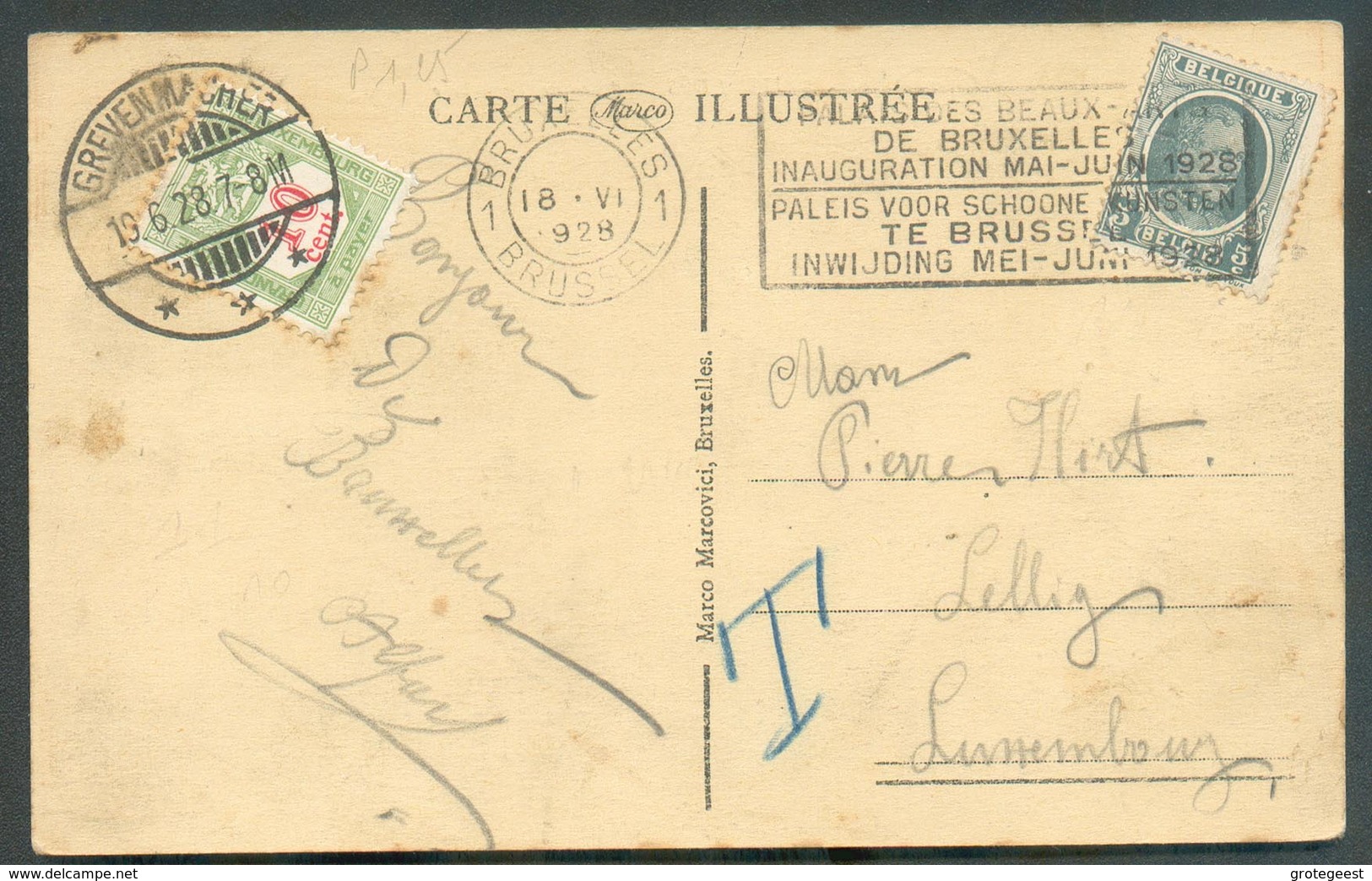 Belgique 5c. Houyoux Obl. Méc. BRUXELLES 1 Sur CV Du 18-VI-1928 Vers Lellig Et Taxée à 10c. (T-Taxe) Obl. Dc GREVENMACHE - Postage Due