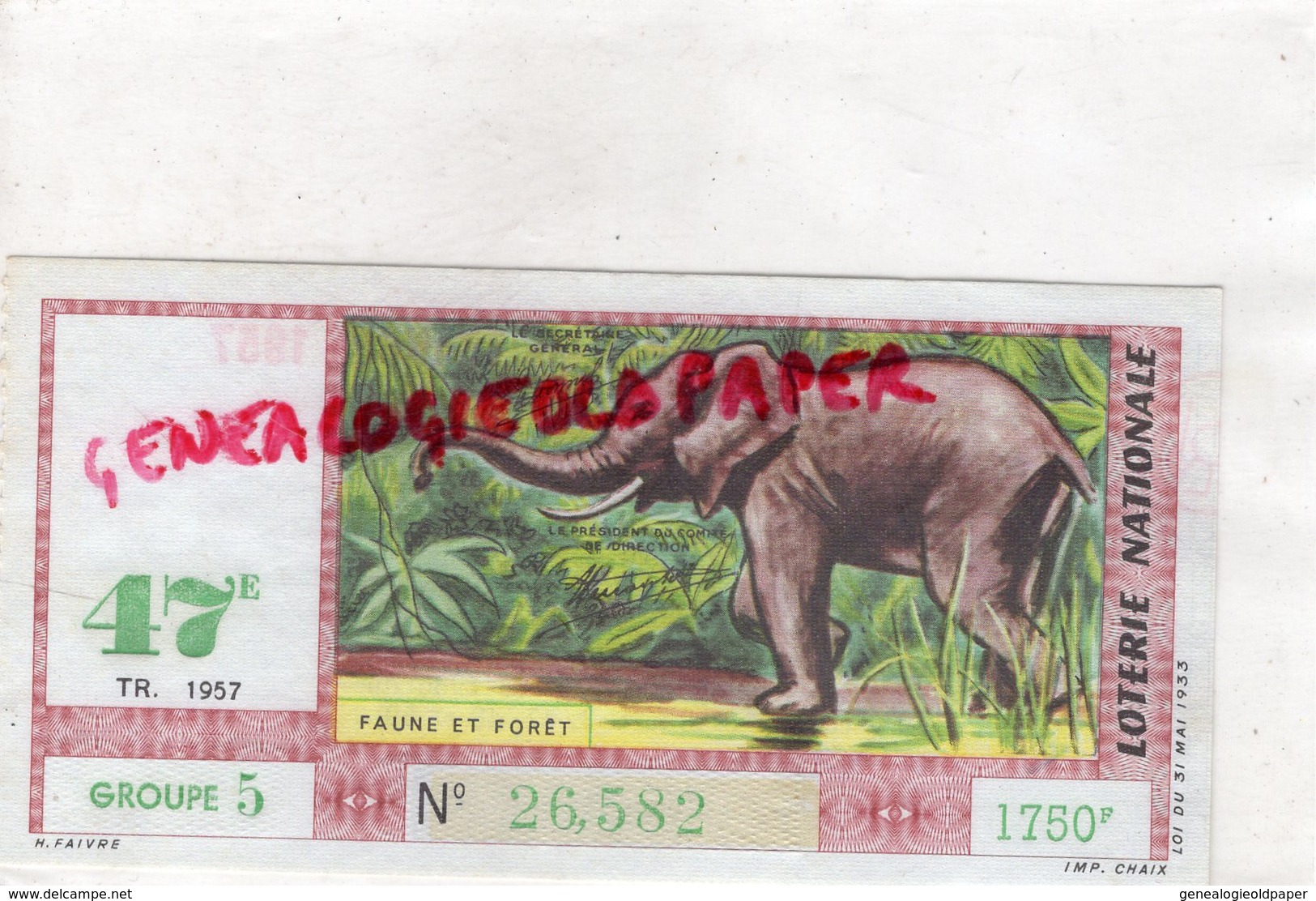 ELEPHANT - BILLET LOTERIE NATIONALE FAUNE E FORET 1957- GROUPE 5 - 1750 FRANCS - Billets De Loterie