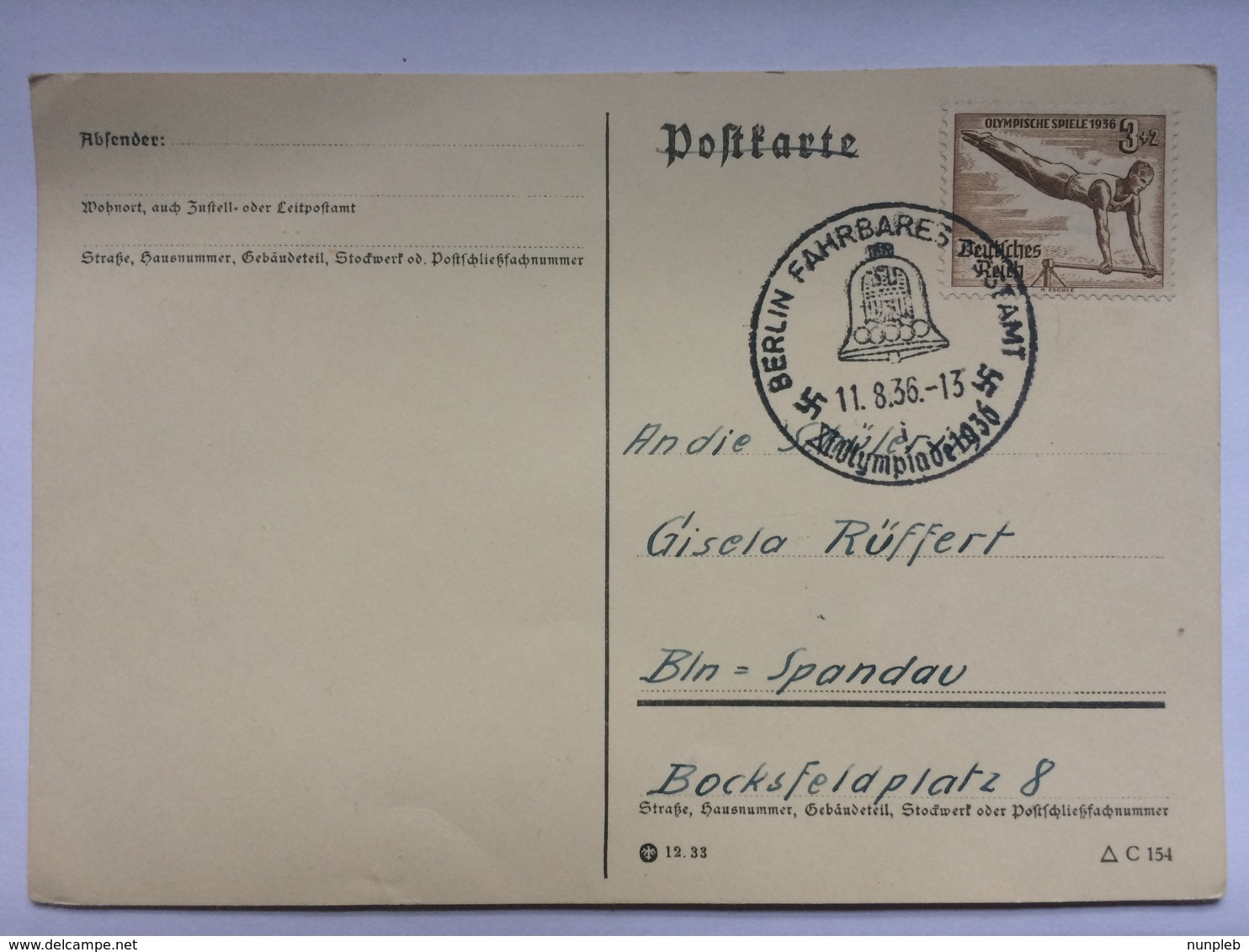 GERMANY 1936 Olympics Postcard With Berlin Fahrbares Postamt Olympiade Handstamp - Briefe U. Dokumente