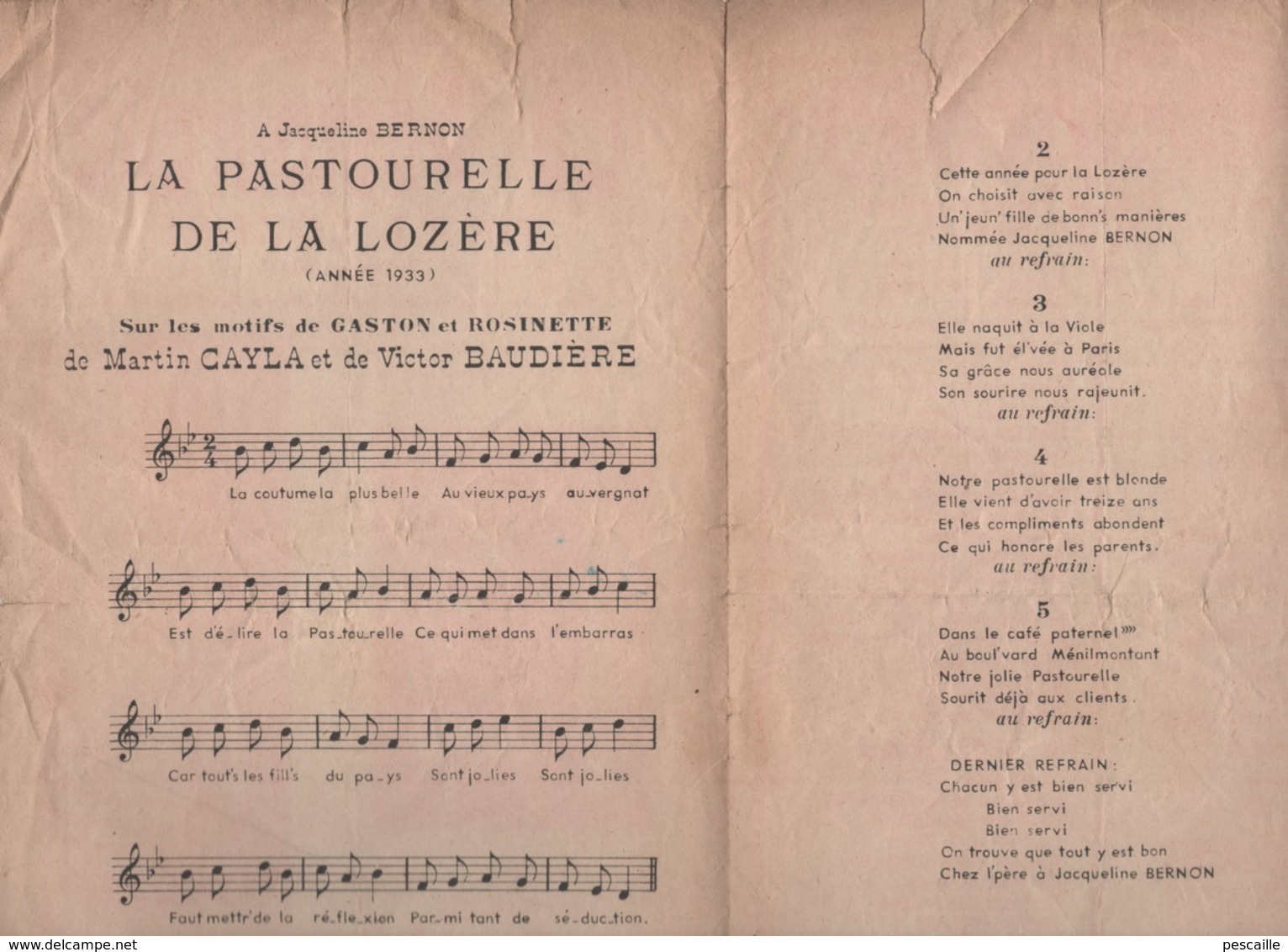 PARTITION ET PAROLES LA PASTOURELLE DE LA LOZERE ANNEE 1933 PAROLES DE VICTOR BAUDIERE MUSIQUE DE MARTIN CAYLA - Partituras