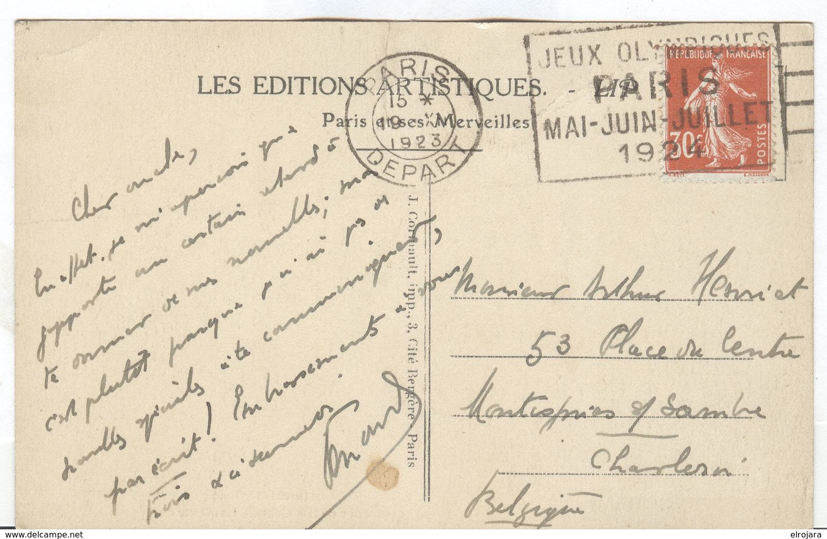 FRANCE Olympic Machine Cancel Paris Depart On Postcard Send To Belgium - Estate 1924: Paris