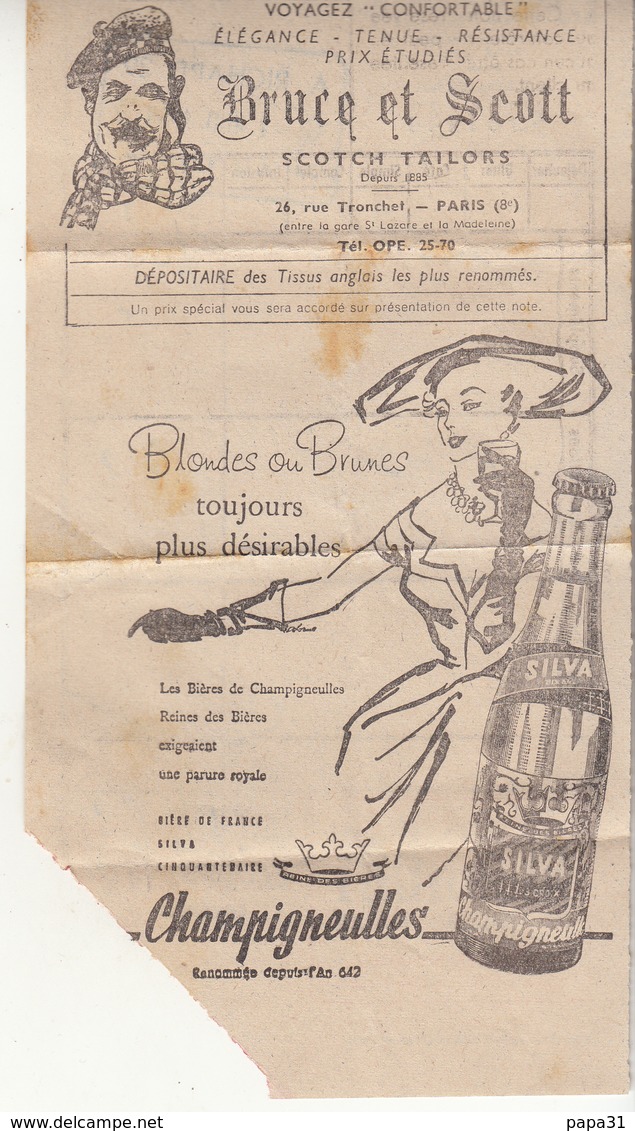 Note  D'un Déjeuner  Dans La Cie INTERNATIONALE DES WAGONS-LITS Avec Pub Au Dos  En 1958 - Autres & Non Classés