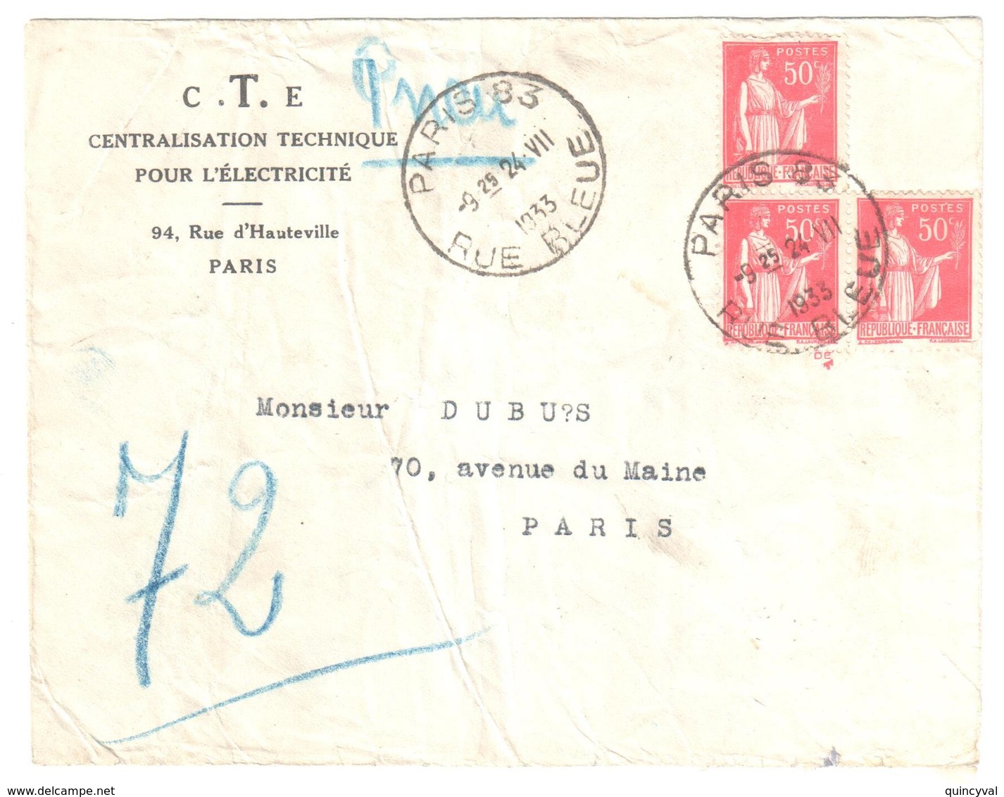 PARIS 83 R Bleue Pneumatique CTE Centralisation Techique Electricité 50c Paix Issu Carnet ART VIVANT Ob 1933 Yv 283 - Lettres & Documents