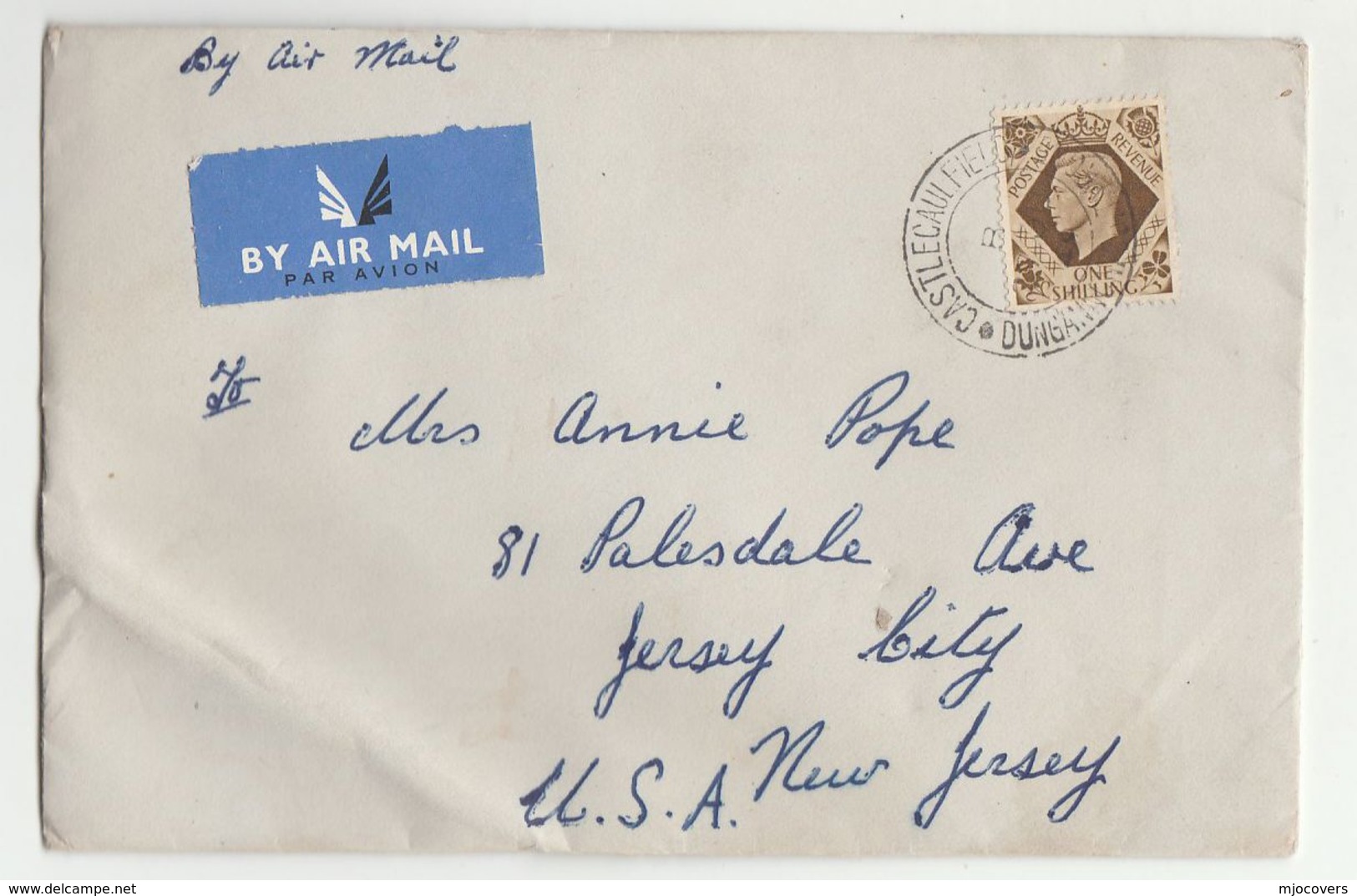 1940s Air Mail CASTLECAULFIELD Cds GB Stamps COVER Northern Ireland To USA - Covers & Documents