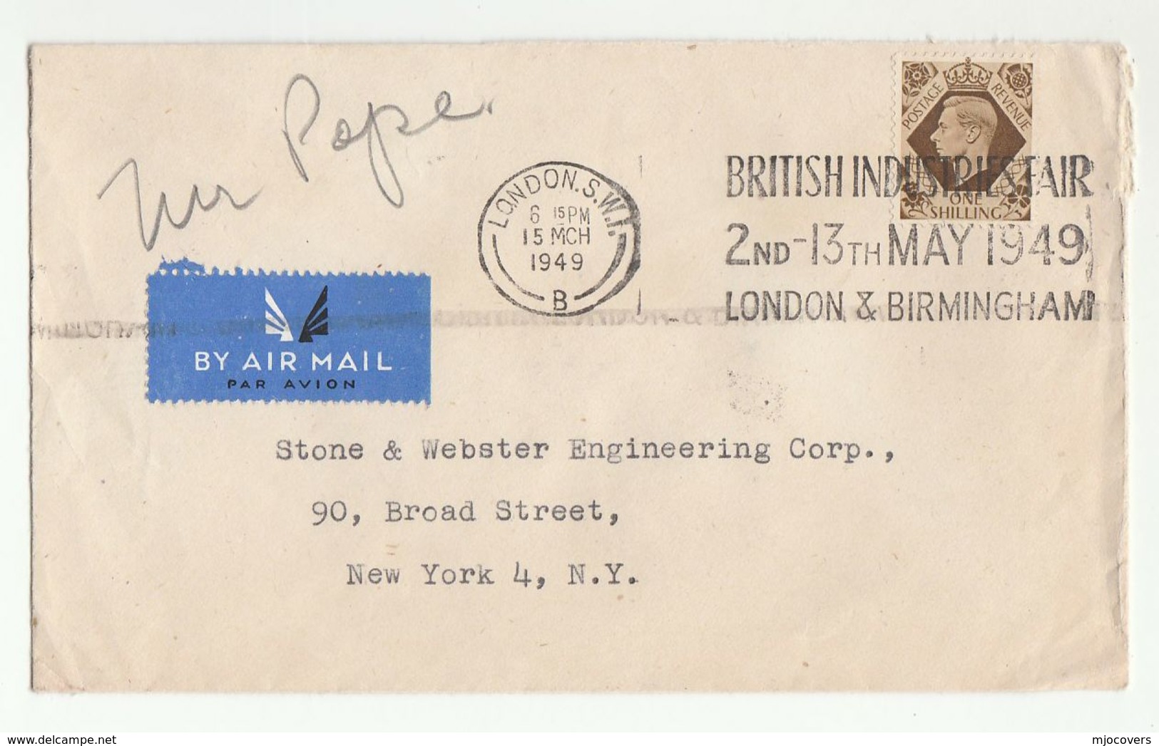 1949 GB 1/- Stamps COVER To USA Slogan BRITISH INDUSTRIES FAIR Airmail Label - Covers & Documents